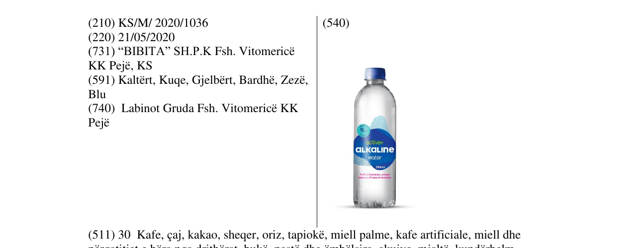 Zëri i markës ALKALINE WATER në buletin