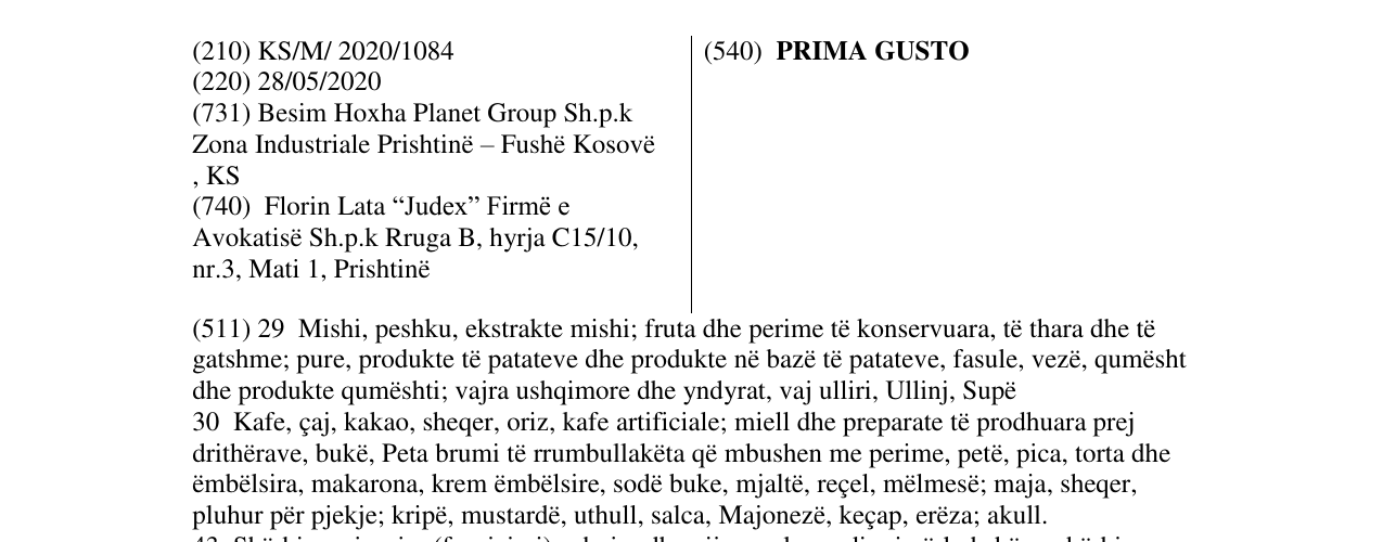 Zëri i markës PRIMA GUSTO në buletin