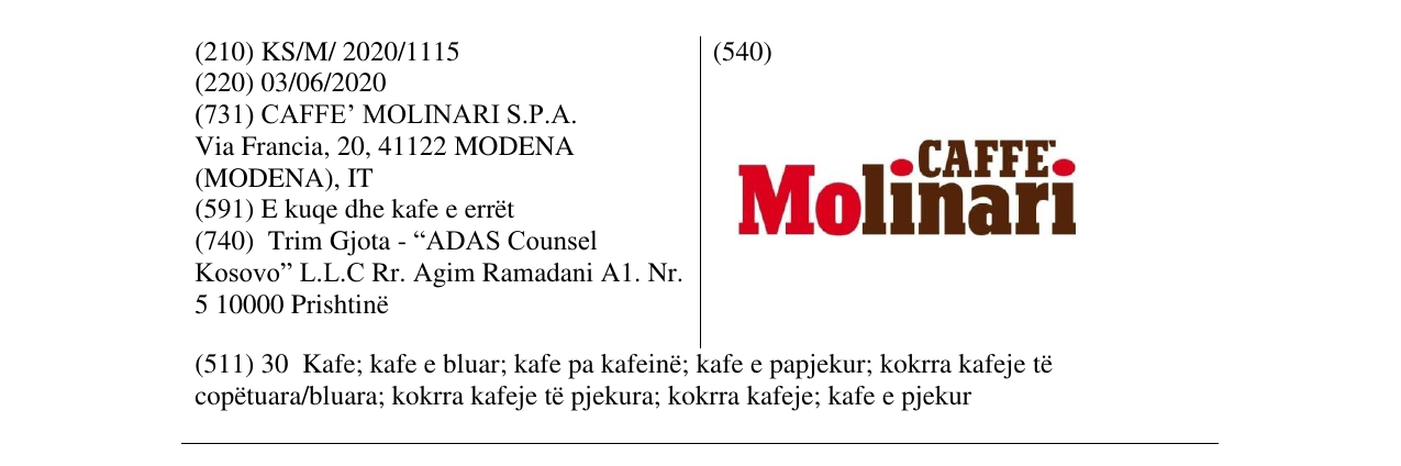 Zëri i markës CAFFE MOLINARI në buletin