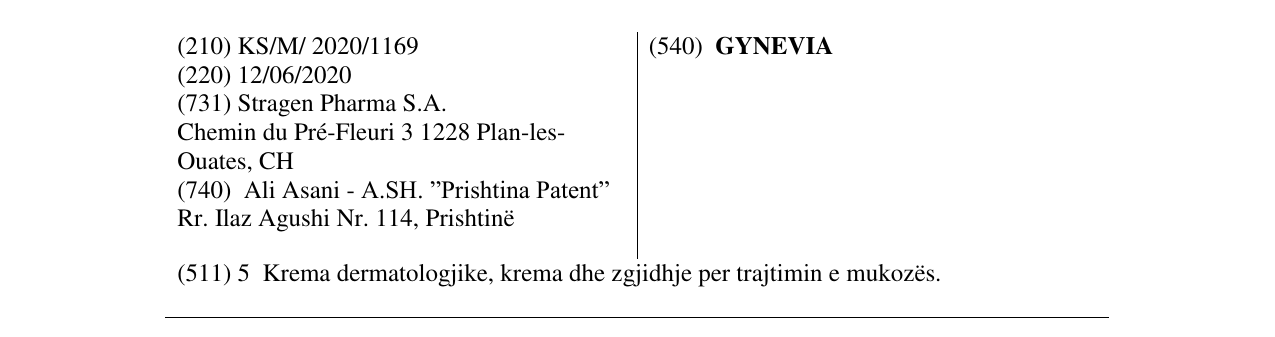 Zëri i markës GYNEVIA në buletin
