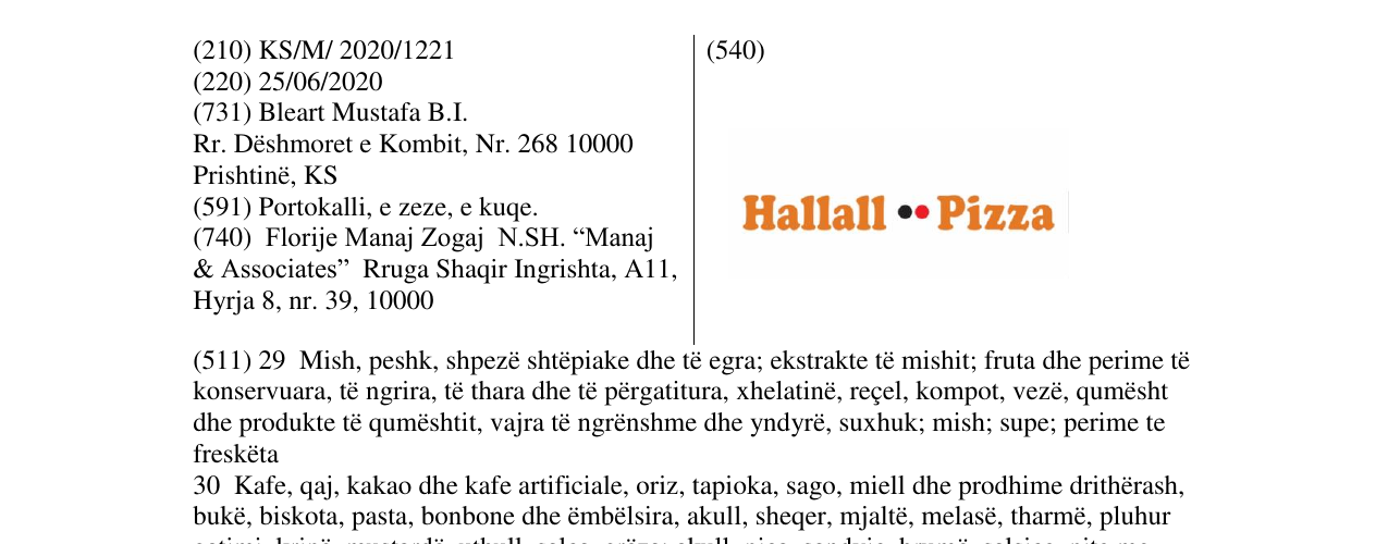 Zëri i markës HALLALL PIZZA në buletin