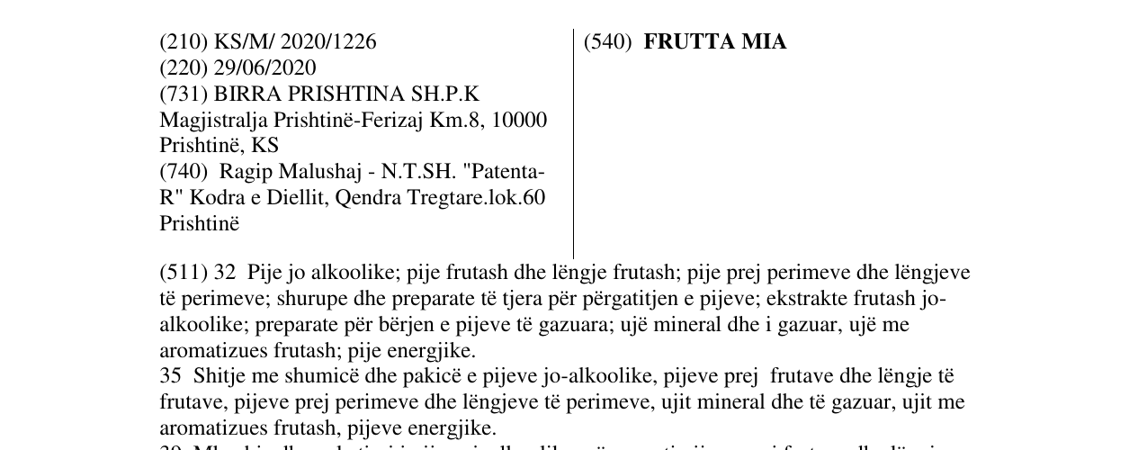 Zëri i markës FRUTTA MIA në buletin
