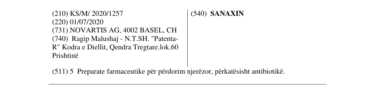 Zëri i markës SANAXIN në buletin