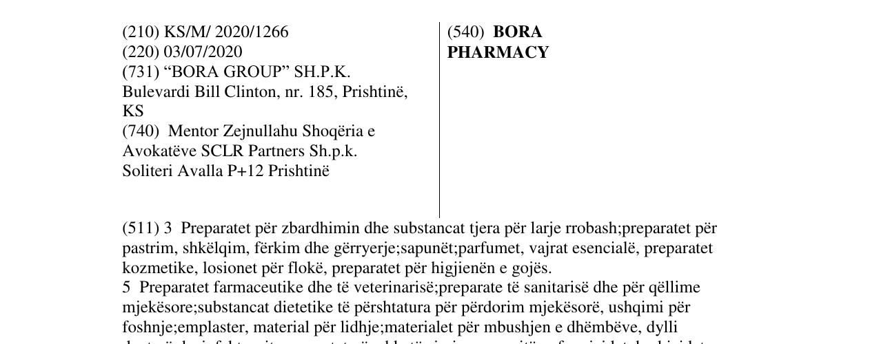 Zëri i markës BORA PHARMACY në buletin