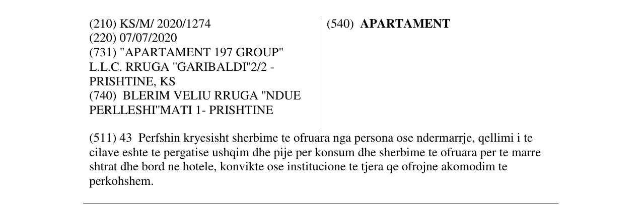 Zëri i markës APARTAMENT në buletin