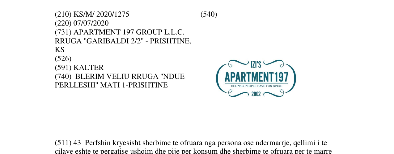 Zëri i markës IZI APARTMENT 197 në buletin