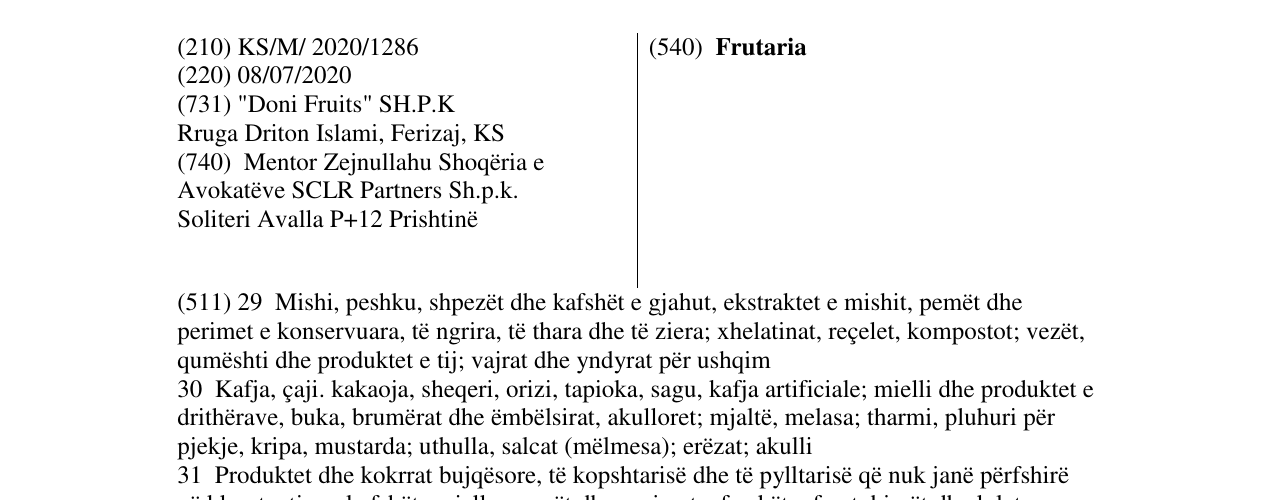 Zëri i markës Frutaria në buletin
