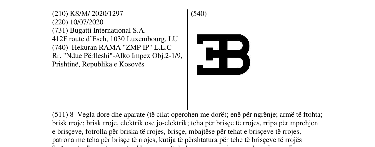 Zëri i markës BUGATTI në buletin