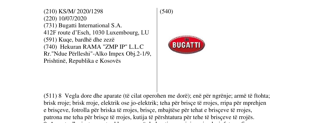 Zëri i markës BUGATI në buletin