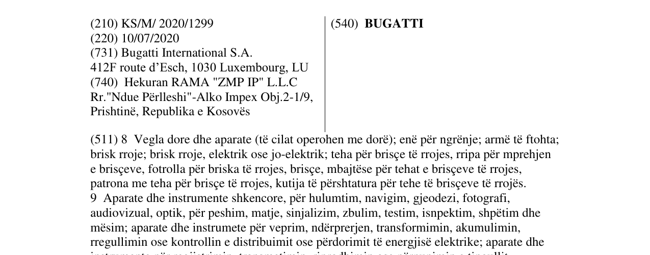 Zëri i markës BUGATTI në buletin