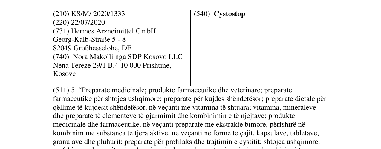 Zëri i markës Cystostop në buletin
