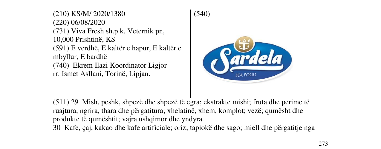 Zëri i markës Sardela sea food në buletin