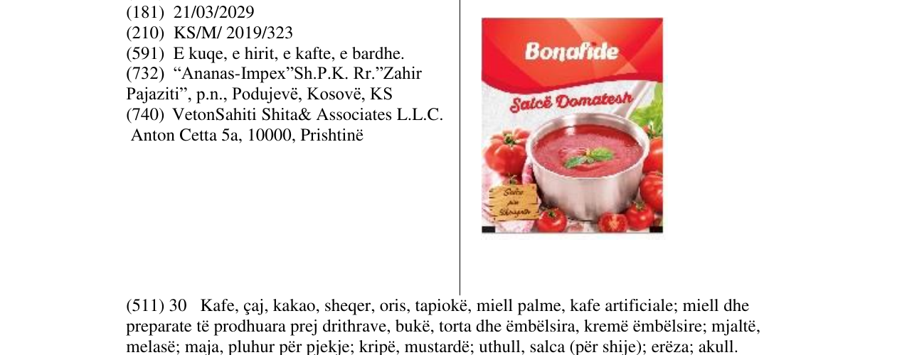 Zëri i markës Bonafide Salcë Domatesh në buletin