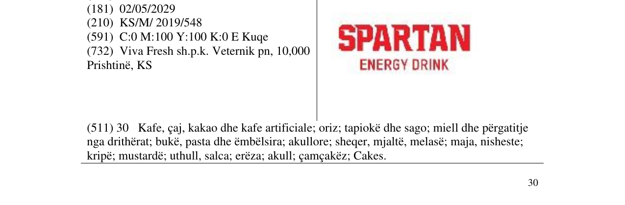 Zëri i markës SPARTAN ENERGY DRINK në buletin