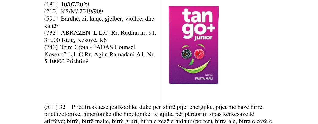 Zëri i markës tango+ junior Fruta mali në buletin