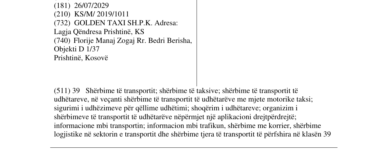 Zëri i markës GOLDEN TAXI në buletin