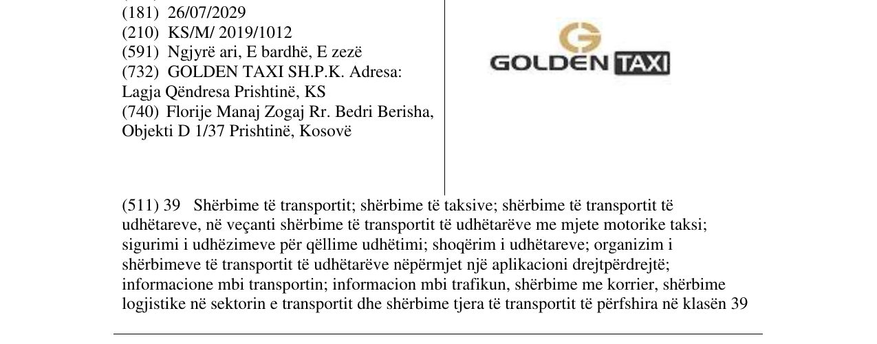 Zëri i markës GOLDEN TAXI në buletin