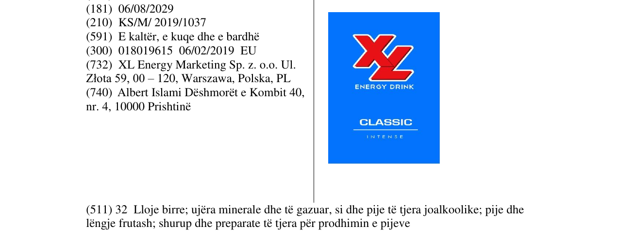 Zëri i markës XL ENERGY DRINK në buletin