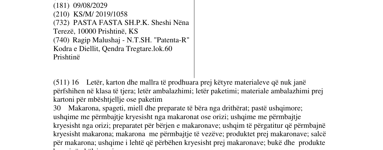 Zëri i markës PASTA FASTA në buletin