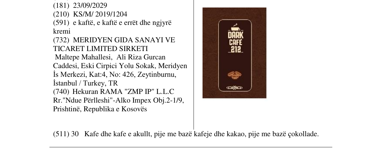 Zëri i markës DARK CAFE 212 në buletin