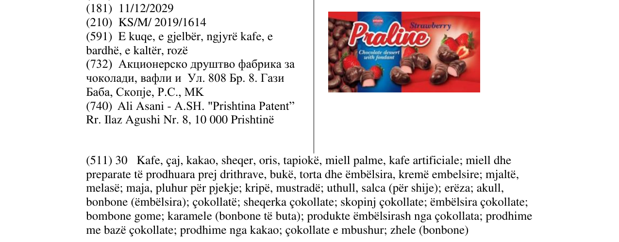 Zëri i markës Praline në buletin