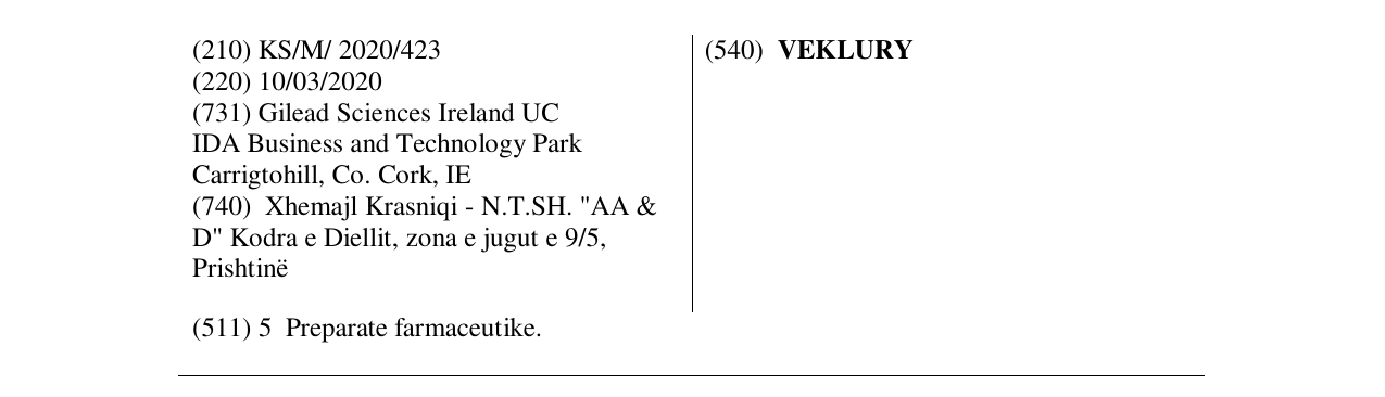 Zëri i markës VEKLURY në buletin