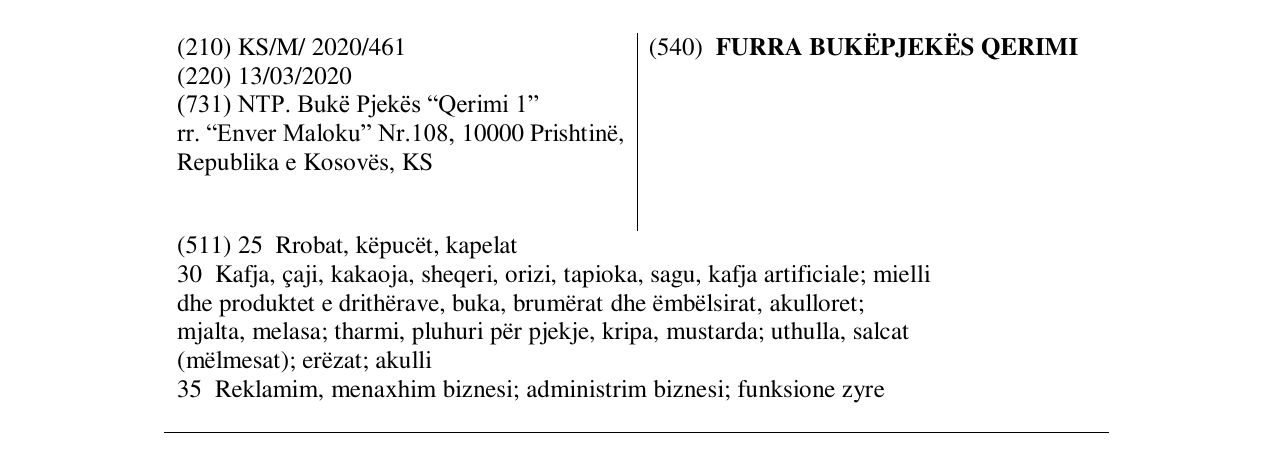 Zëri i markës FURRA BUKËPJEKËS QERIMI në buletin