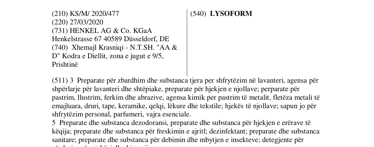 Zëri i markës LYSOFORM në buletin
