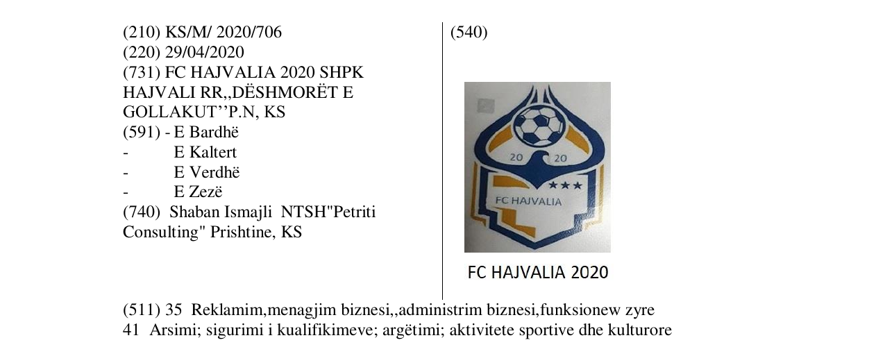 Zëri i markës FC HAJVALIA 2020 në buletin