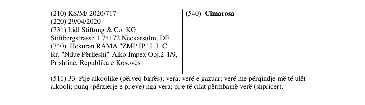 Zëri i markës Cimarosa në buletin