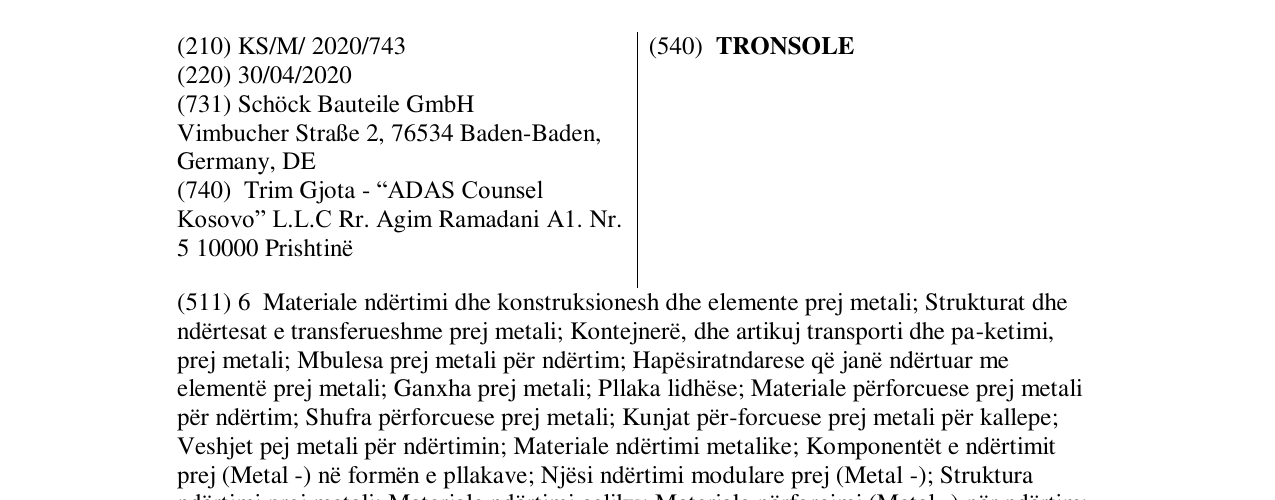 Zëri i markës TRONSOLE në buletin