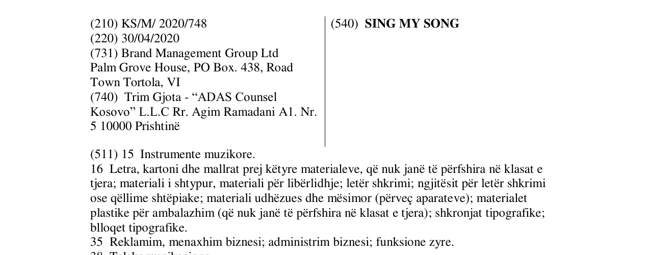 Zëri i markës SING MY SONG në buletin