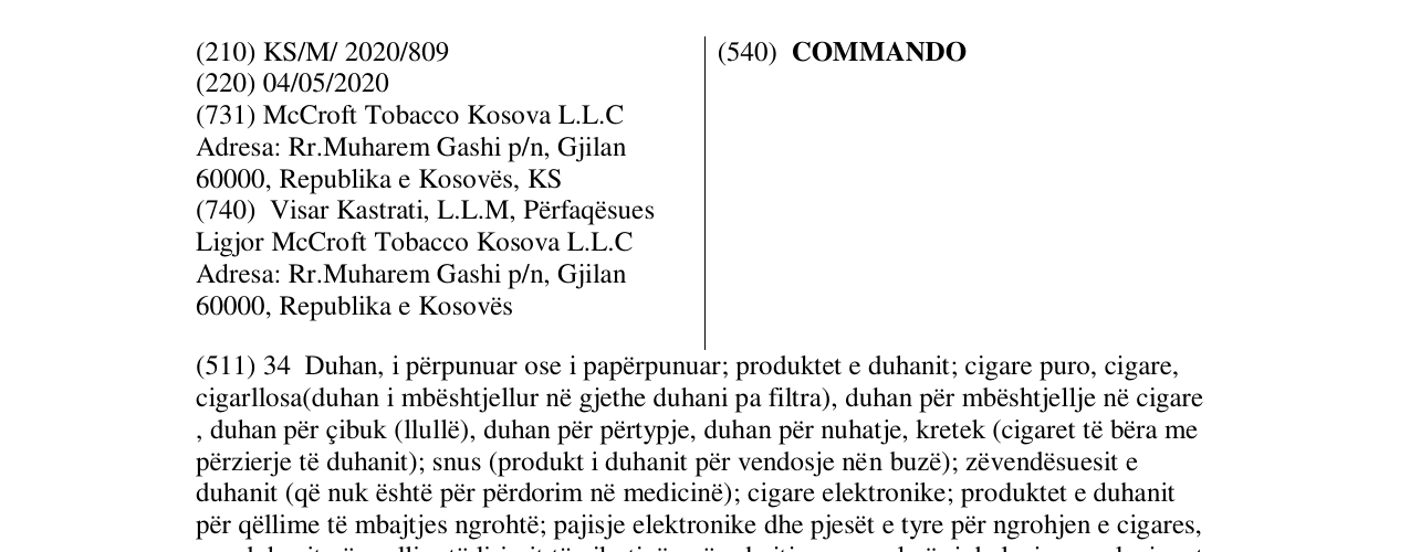 Zëri i markës COMMANDO në buletin