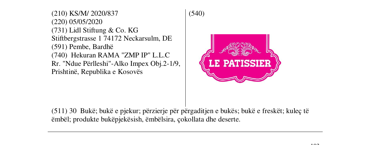 Zëri i markës LE PATISSIER në buletin