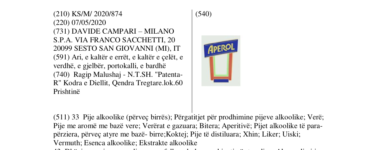 Zëri i markës APEROL në buletin