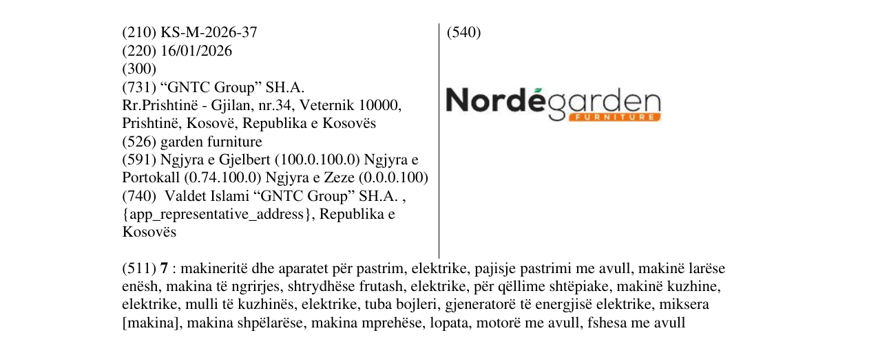 The entry of the trademark Norde garden furniture in the bulletin