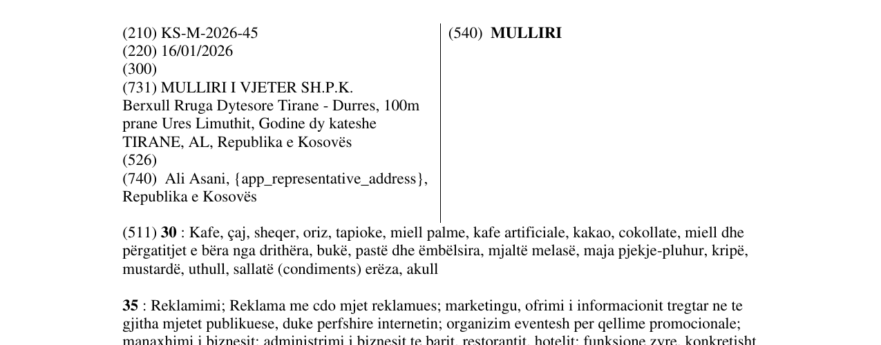Zëri i markës MULLIRI në buletin