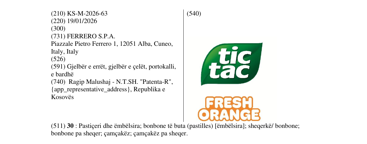 Zëri i markës tic tac FRESH ORANGE në buletin
