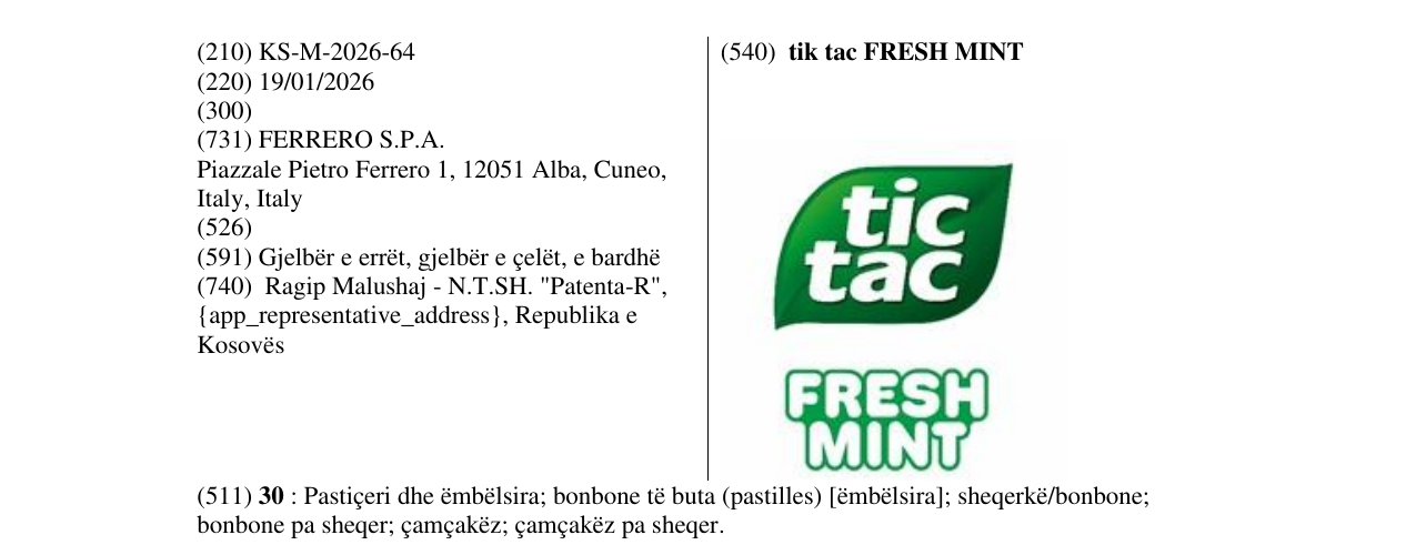 Zëri i markës tik tac FRESH MINT në buletin