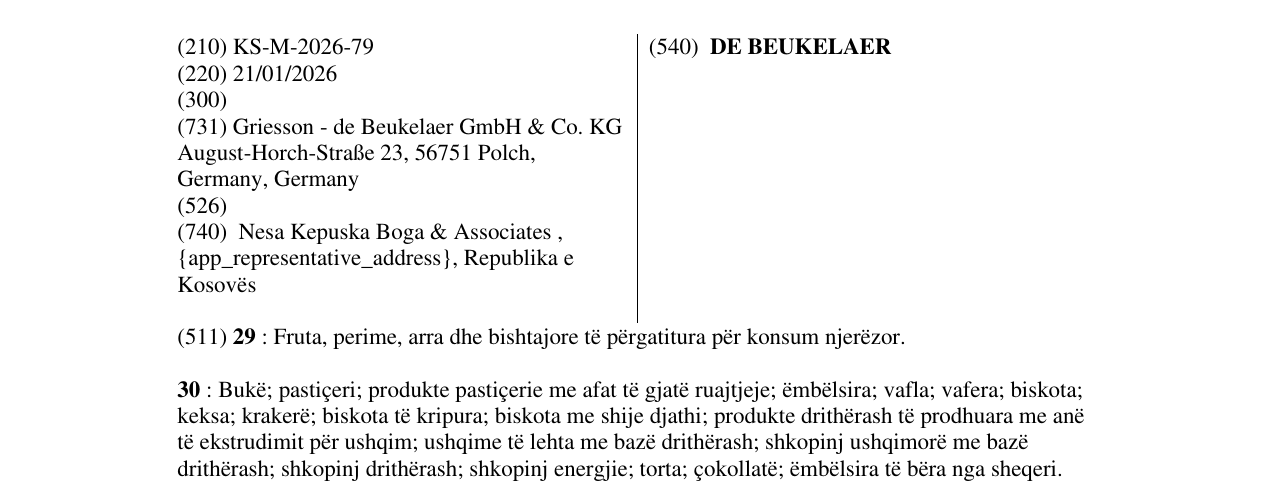 Zëri i markës DE BEUKELAER në buletin