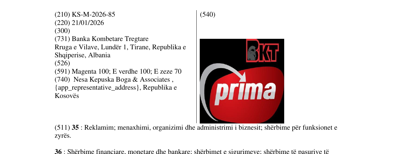 Zëri i markës KS/M/2026/85 në buletin