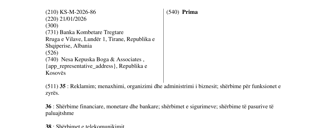 Zëri i markës Prima në buletin