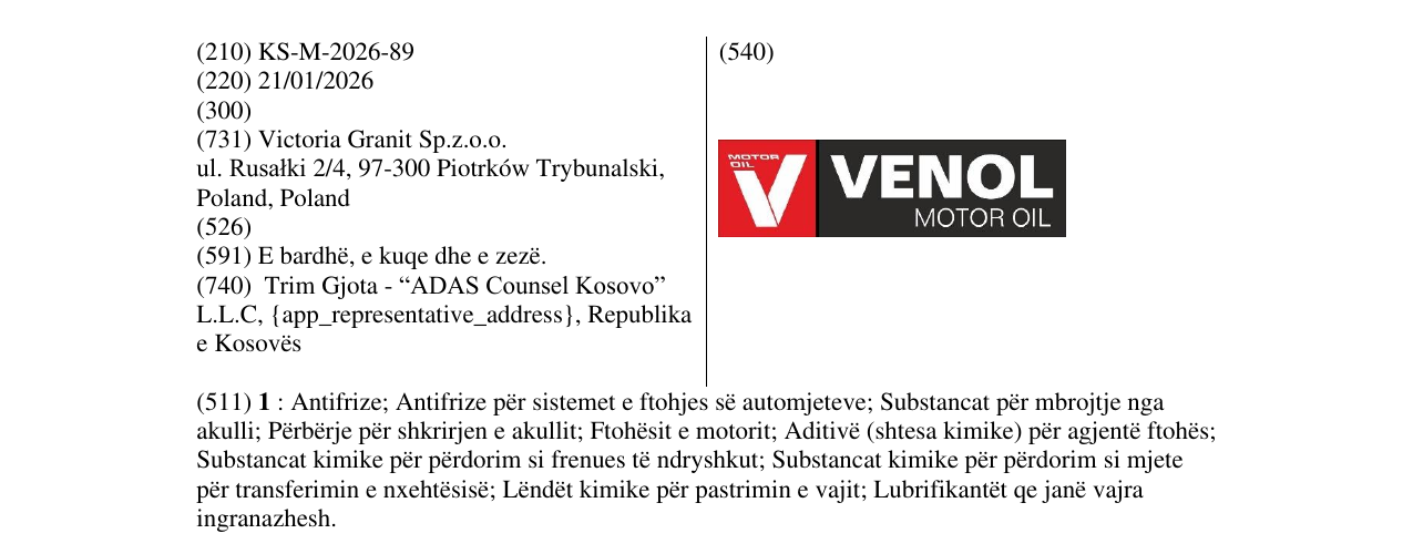 Zëri i markës VENOL MOTOR OIL në buletin