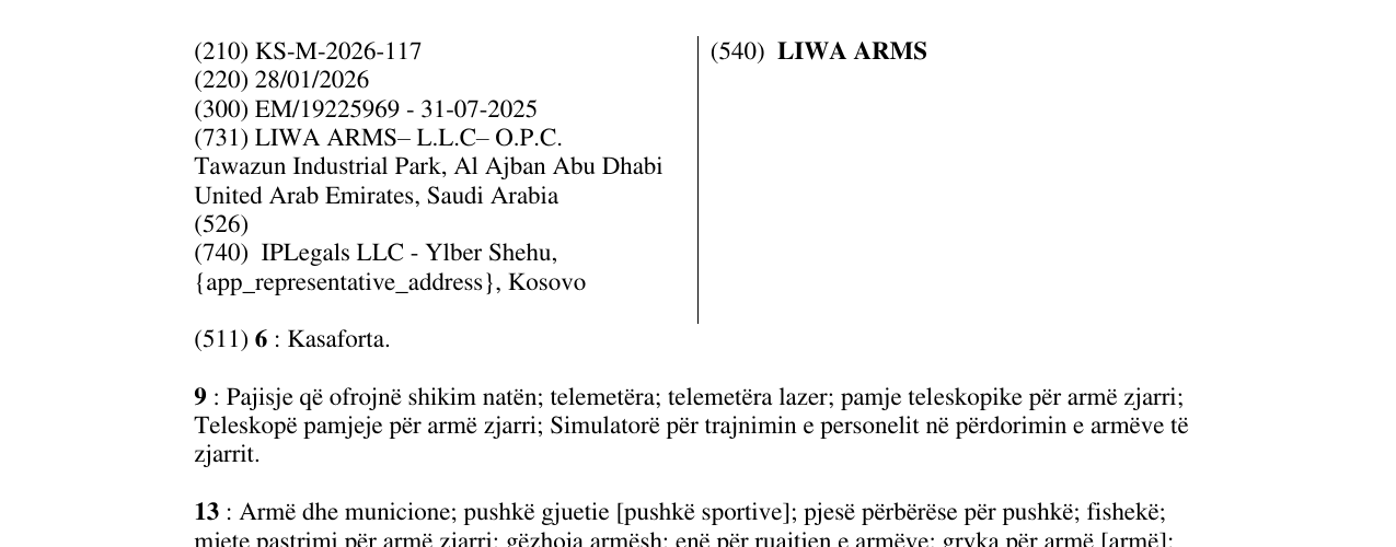 Zëri i markës LIWA ARMS në buletin