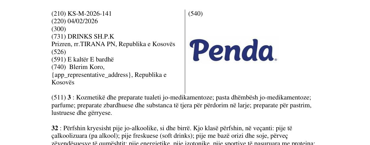 Zëri i markës KS/M/2026/141 në buletin