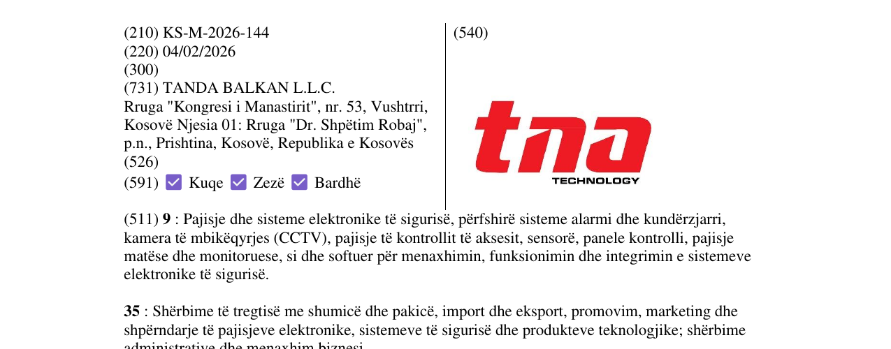 Zëri i markës KS/M/2026/144 në buletin