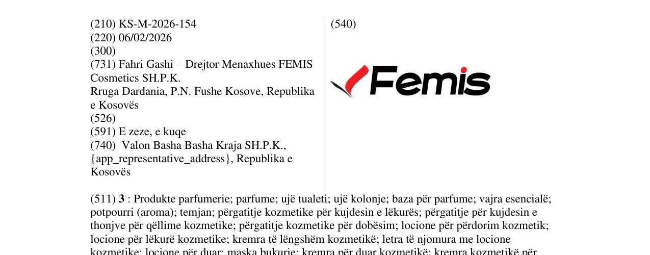 Zëri i markës KS/M/2026/154 në buletin