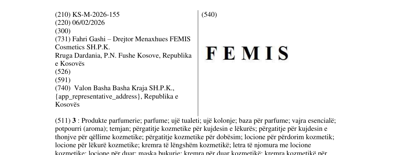 Zëri i markës KS/M/2026/155 në buletin