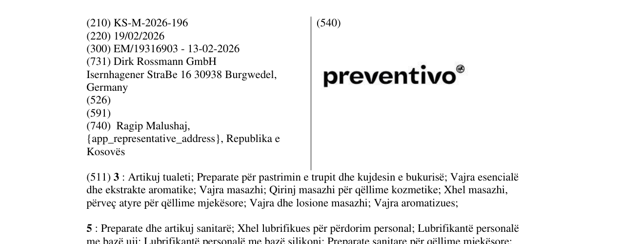 Zëri i markës KS/M/2026/196 në buletin