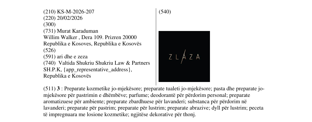 Zëri i markës KS/M/2026/207 në buletin